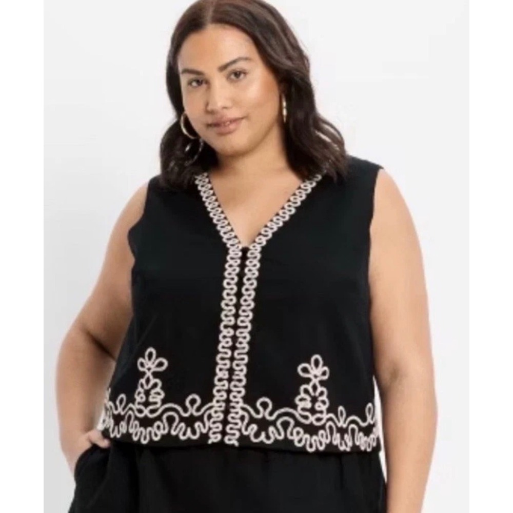 Future Collective Embroidered Linen Vest Top Women 4X Black Contrast Stitching